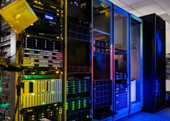 Rows of illuminated server racks in the NOIRLab computer server room in Tucson, Arizona