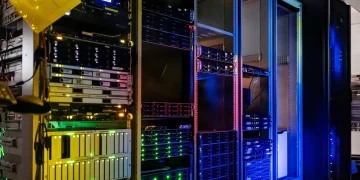 Rows of illuminated server racks in the NOIRLab computer server room in Tucson, Arizona