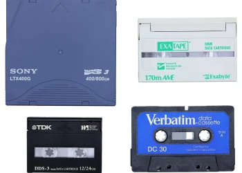 Four magnetic tape data cartridges: Sony LTO Ultrium 3, Exabyte 8mm, TDK DDS-3 and a Verbatim data cassette