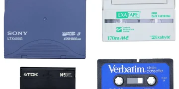 Four magnetic tape data cartridges: Sony LTO Ultrium 3, Exabyte 8mm, TDK DDS-3 and a Verbatim data cassette