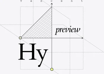 Tencent cover graphic for Hy4 preview: the letters Hy in large black serif type and the word preview in italics on a light grey background with dashed geometric lines, axes and a hatched triangle, under the spaced word Tencent