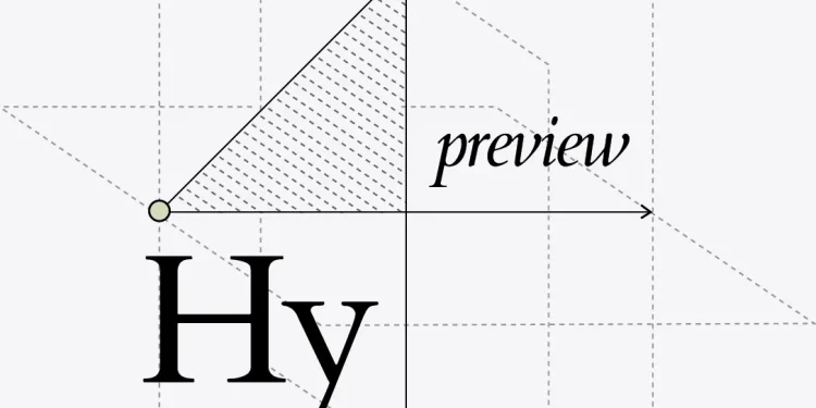 Tencent cover graphic for Hy4 preview: the letters Hy in large black serif type and the word preview in italics on a light grey background with dashed geometric lines, axes and a hatched triangle, under the spaced word Tencent