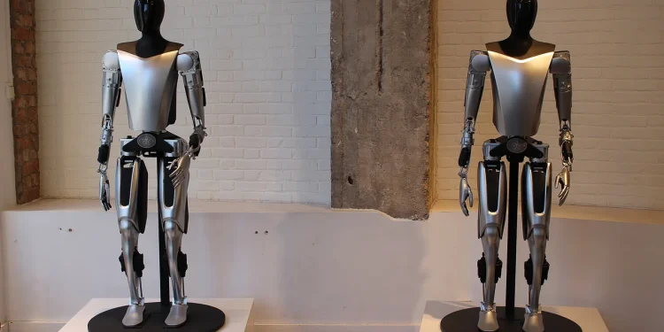 Two Tesla Optimus humanoid robots with silver torsos and black heads standing on display plinths in front of a white brick wall