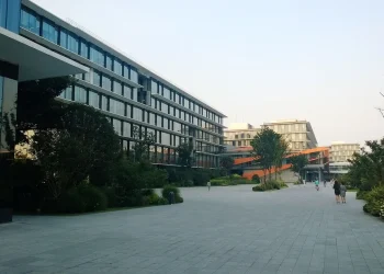 Office buildings and a paved plaza at the Alibaba Xixi campus in Hangzhou, China