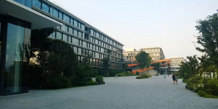 Office buildings and a paved plaza at the Alibaba Xixi campus in Hangzhou, China