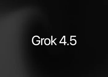 Grok 4.5 launch card: the words Grok 4.5 in white on a dark grey gradient background