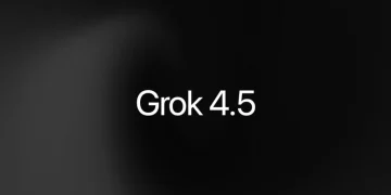 Grok 4.5 launch card: the words Grok 4.5 in white on a dark grey gradient background